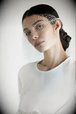 birdcage veil with pearls across eyes