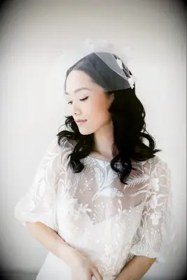 classic chiffon birdcage veil with floral details
