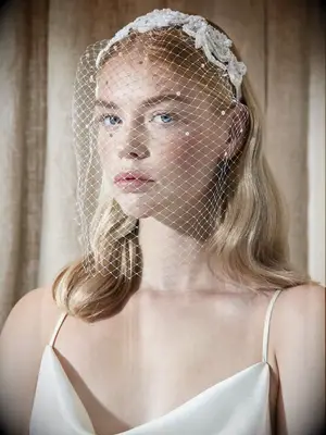 birdcage veil with pearls attached to embellished floral headband