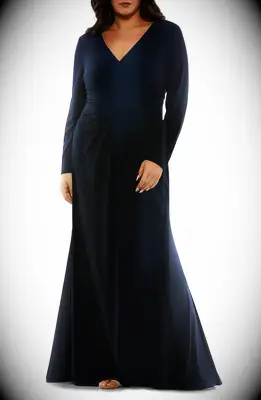 Dark blue ruched jersey long sleeve plus size mother of the bride gown from Nordstrom