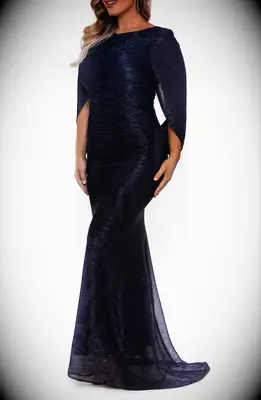 Navy blue cape sleeve metallic crinkle plus size mother of the bride gown from Nordstrom