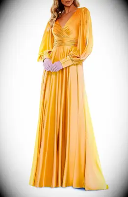 Yellow satin long sleeve A-line plus size mother of the bride gown from Nordstrom