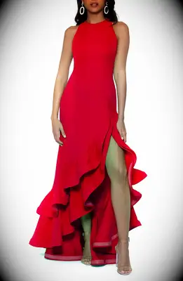 Red ruffle high neck petite mothe rof the bride gown from Nordstrom