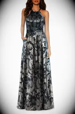 Metallic floral halter top petite mother of the bride gown from Nordstrom