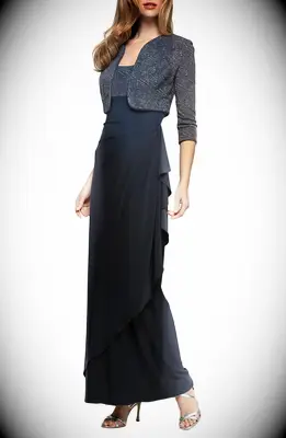 Navy blue draped column petite gown with bolero jacket from Nordstrom