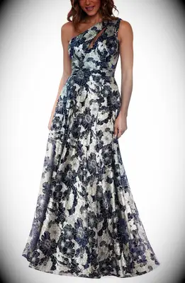 Metallic blue and silver floral one shoulder mother of the bride floor length gown from Nordstrom