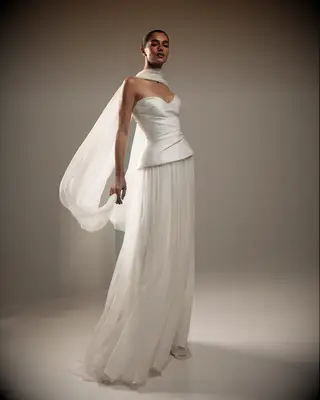 Wedding dress with scarf by Monique Lhuillier, 2026 wedding dress trends