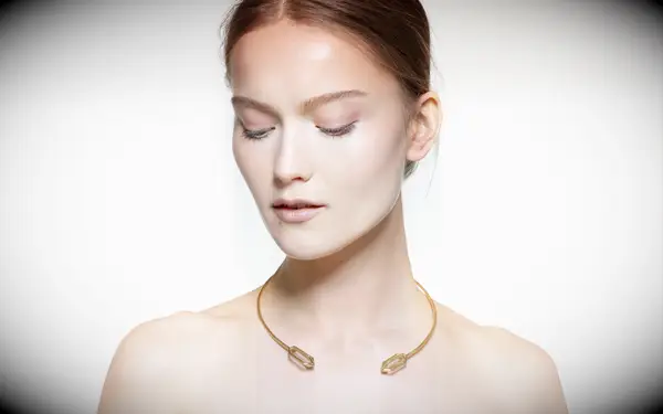 Gold cage collar necklace fro strapless wedding dress