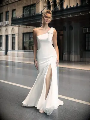 One shoulder gown with bow by Maggie Sottero. 
