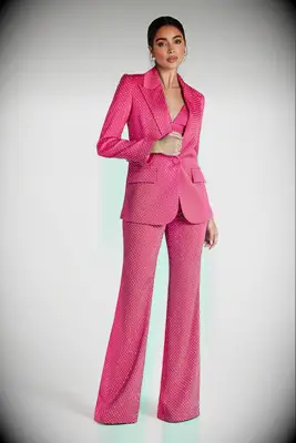Nadine Merabi pink suit for engagement party guest