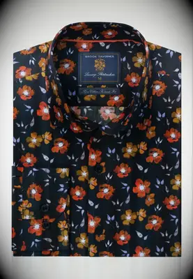Brook Taverner bold button-down floral shirt for engagement party guest