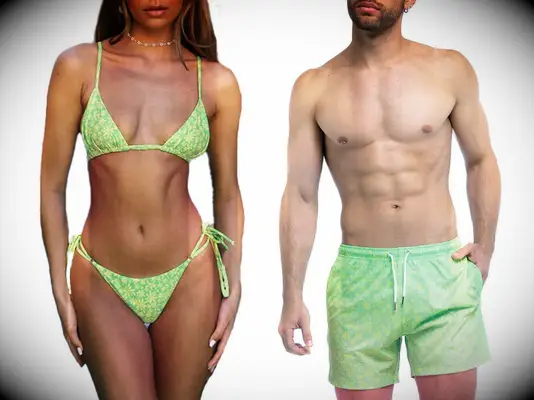 Bermies matching couples swimsuits. 