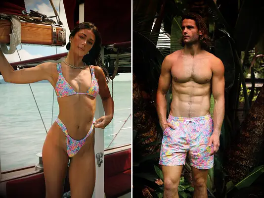Matching couples swimsuits from Kulani Kinis. 