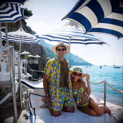 Kenny Flowers lemon print matching swimsuits for couples. 