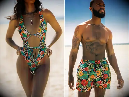 Baecation matching swimsuits for couples. 