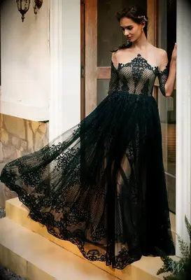 AW Bridal black lace Halloween wedding dress