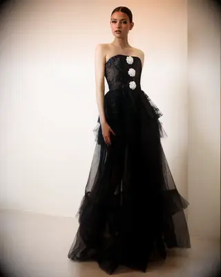 Rayane Bacha black tiered Halloween wedding dress