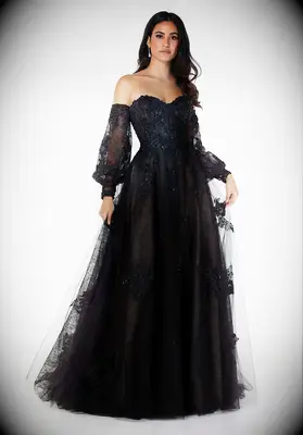 Mori Lee black off-shoulder Halloween wedding dress