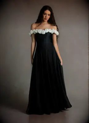 Azazie Atelier black Halloween wedding dress with white roses
