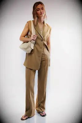 Third Form camel sleeveless suit for tomboy wedding guest