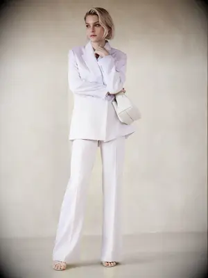 Banana Republic lilac satin suit for tomboy wedding guest