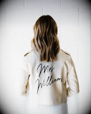Cream custom last name leather moto jacket for brides from Etsy