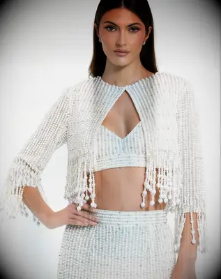 Pearl beaded cropped bridal jacket from Mac Duggal