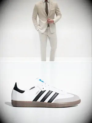 Adidas Sambas with a Tan Suit, best sneaker for wedding suit