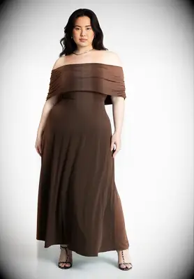 Brown knit off-the-shoulder maxi dress for casual wedding