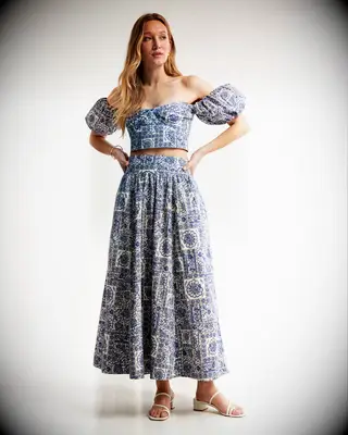 Poplin off-the-shoulder top and skirt set for casual wedding guest outfit