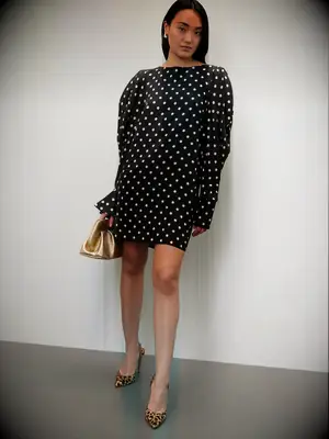 Puff-sleeve polka dot mini dress for casual wedding guest