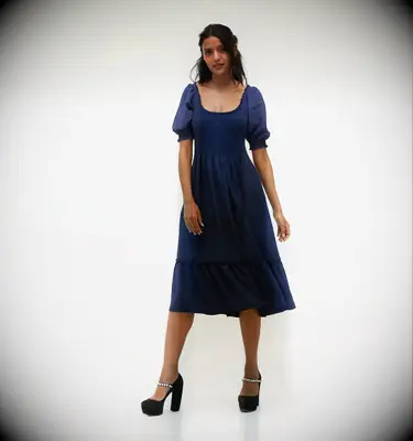 Hill House Home navy puff-sleeve midi tiered dress for casual wedding guest