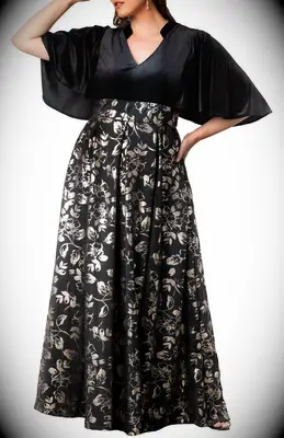 Black cape sleeve with gold floral skirt