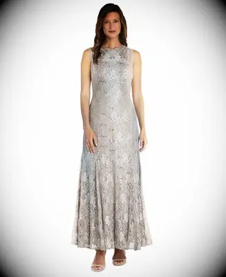 Long champagne-colored lace dress