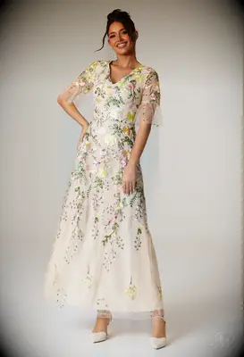 Long floral dress with mesh sleeves