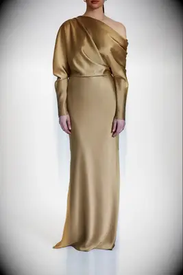 Off the shoulder long gold dress for 50th anniversary