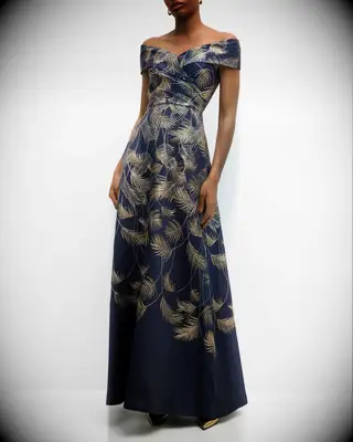 Off the shoulder navy dress with gold feathers