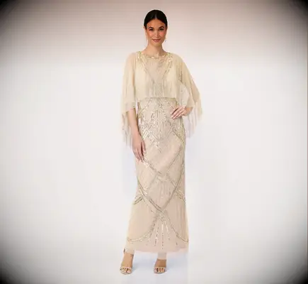 Long gold beaded dress with sleeves
