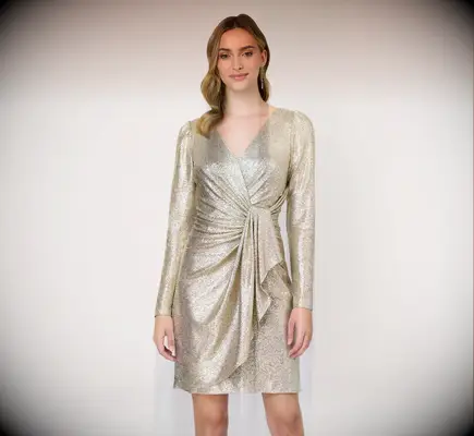 Short gold front twist dress with sleeves