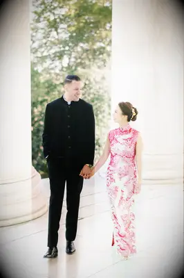 Groom in modern mandarin-collar jacket 