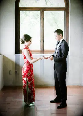 Bride in qipao and groom in Western tux