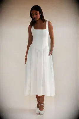 white midi dress with basque waist