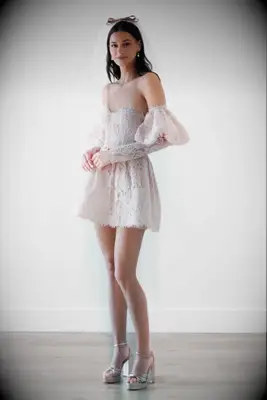Blush pink rehearsal dinner mini dress with detachable Juliet sleeves from By Watters