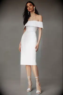 white off-the-shoulder midi dress
