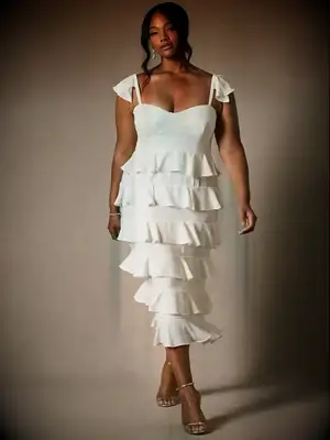 white ruffled midi dress