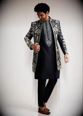  Navy Blue Embroidered Sherwani Kurta Set