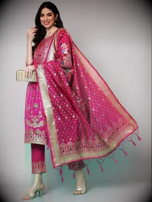 Pink Kurta Set With Zari Work In Cotton Silk Stitched