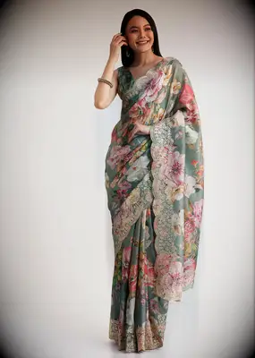 Forest Green Tissue Muslin Printed Saree With Pitta Work Border