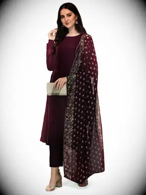 Maroon Poly Crepe A-line Kurta Set With Dupatta