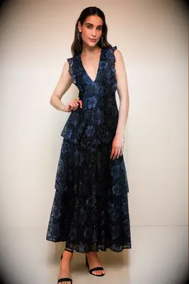 Lulus ruffled black floral Halloween wedding guest dress